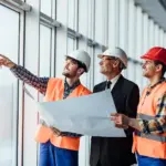 Contractors and an architect showing the foreman the on going development by pointing towards it
