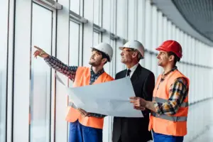 Contractors and an architect showing the foreman the on going development by pointing towards it