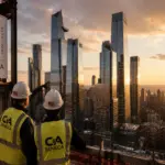 Contractors look over the skyline in New York while a banner on the left says 100 years of SENECA construction