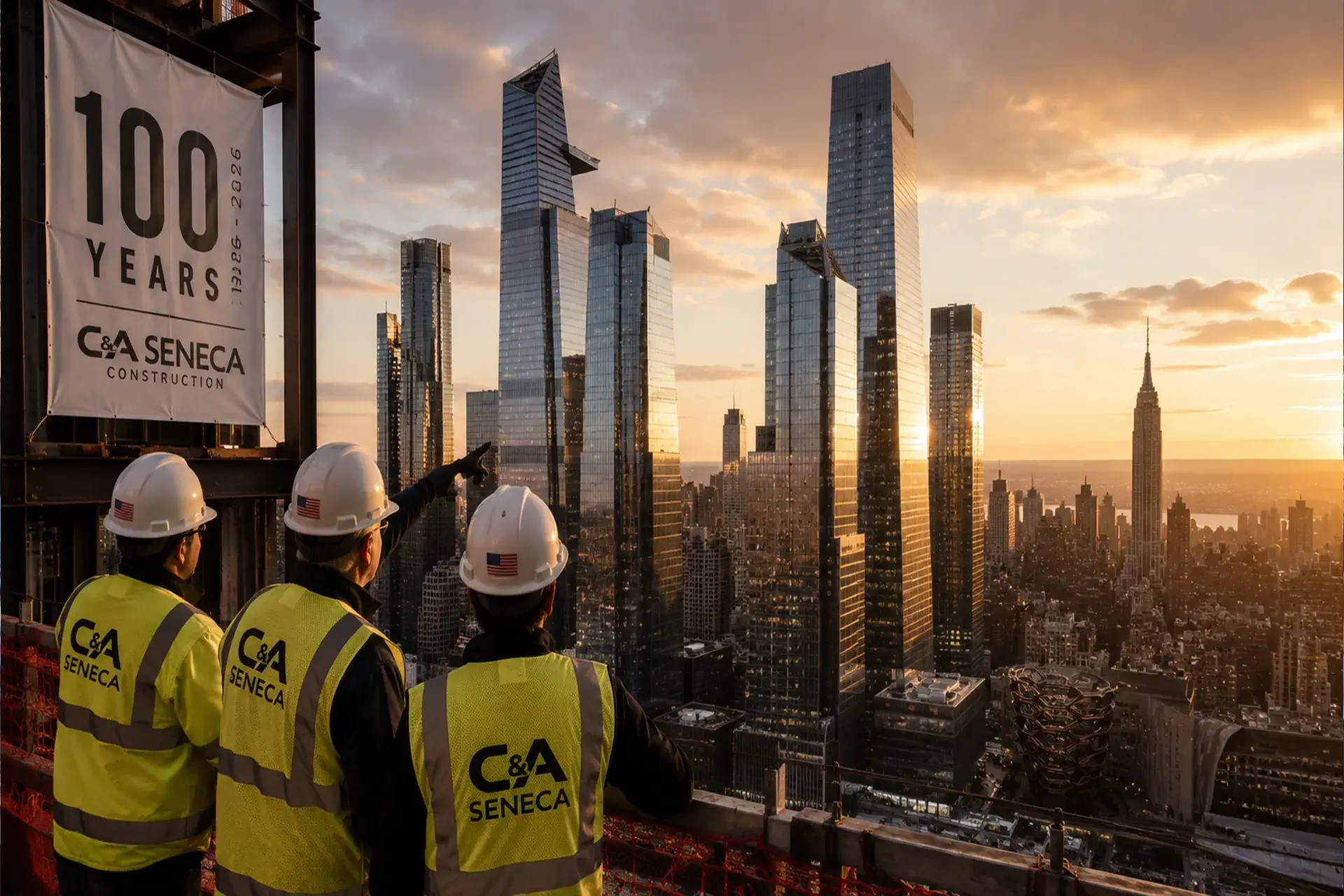 Contractors look over the skyline in New York while a banner on the left says 100 years of SENECA construction 