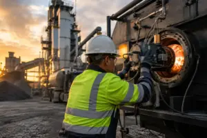 A contractor looking up a burner