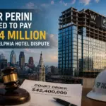 Tutor Perini ordered to pay monet in hotel dispute - Hotel in the background with a hard hat and court order on the side