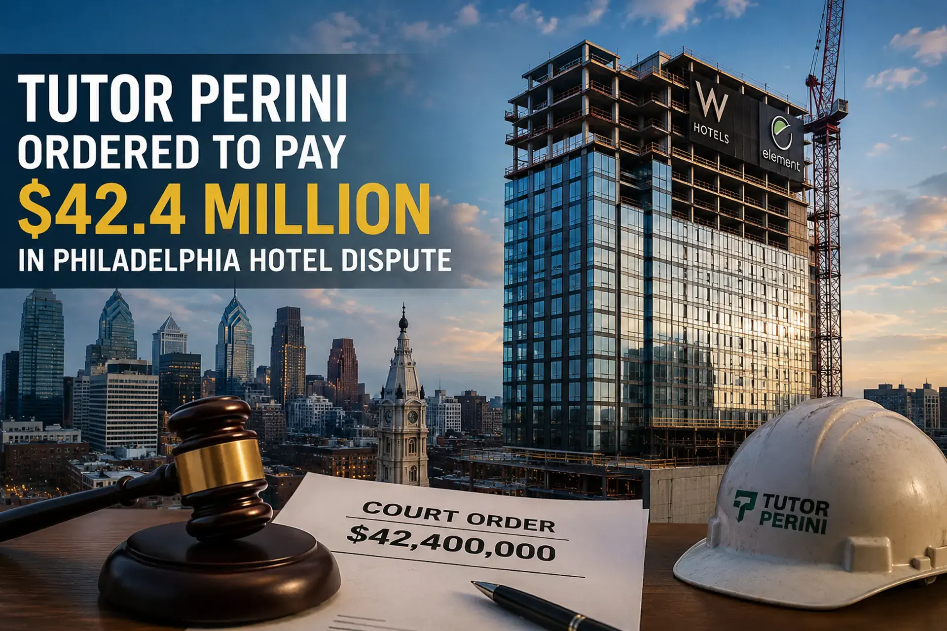 Tutor Perini ordered to pay monet in hotel dispute - Hotel in the background with a hard hat and court order on the side