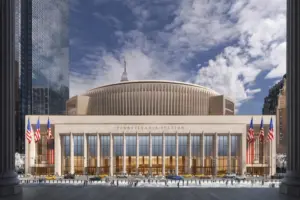 A depiction of the Penn Station exterior facade in New York - as provided by Skanska