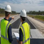 Two contractors working on the project eyeing the deisgna ndthe road structure that is in the making