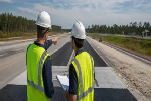 Two contractors working on the project eyeing the deisgna ndthe road structure that is in the making
