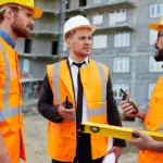 Three contractors in hard hat having a discussion about the safety protocols on-site