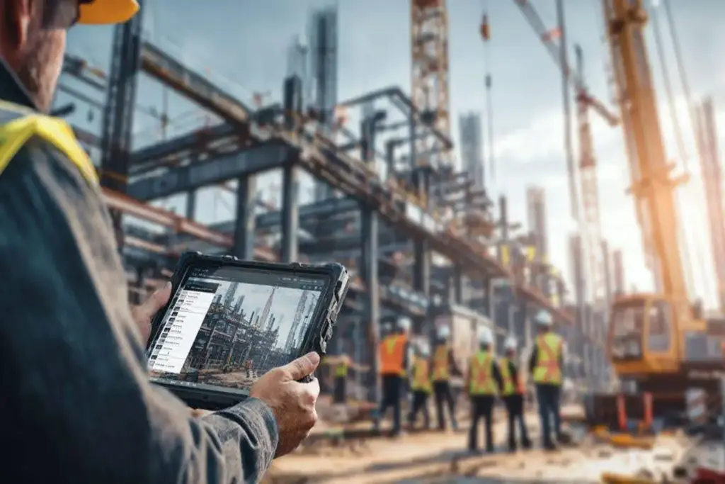 A construction worker viewing the progress of the work done on his tablet, while being on-site