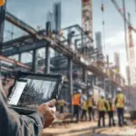 A construction worker viewing the progress of the work done on his tablet, while being on-site