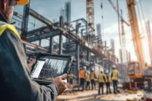 A construction worker viewing the progress of the work done on his tablet, while being on-site