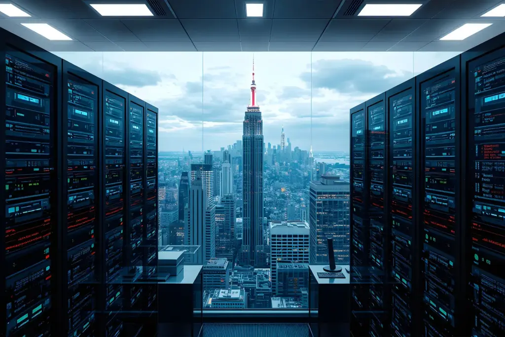 A data center overlooking the cityscape of a town in USA.