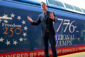 Department of Transportation Secretary Sean Duffy unveiled Amtrak’s Freedom 250 Acela train at Union Station in Washington, D.C., on May 7, 2026. Photo: Heather Diehl/Getty Images via Getty Images.