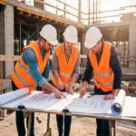Construction workers collaborating on a commercial jobsite as contractors expand workforce recruitment efforts.