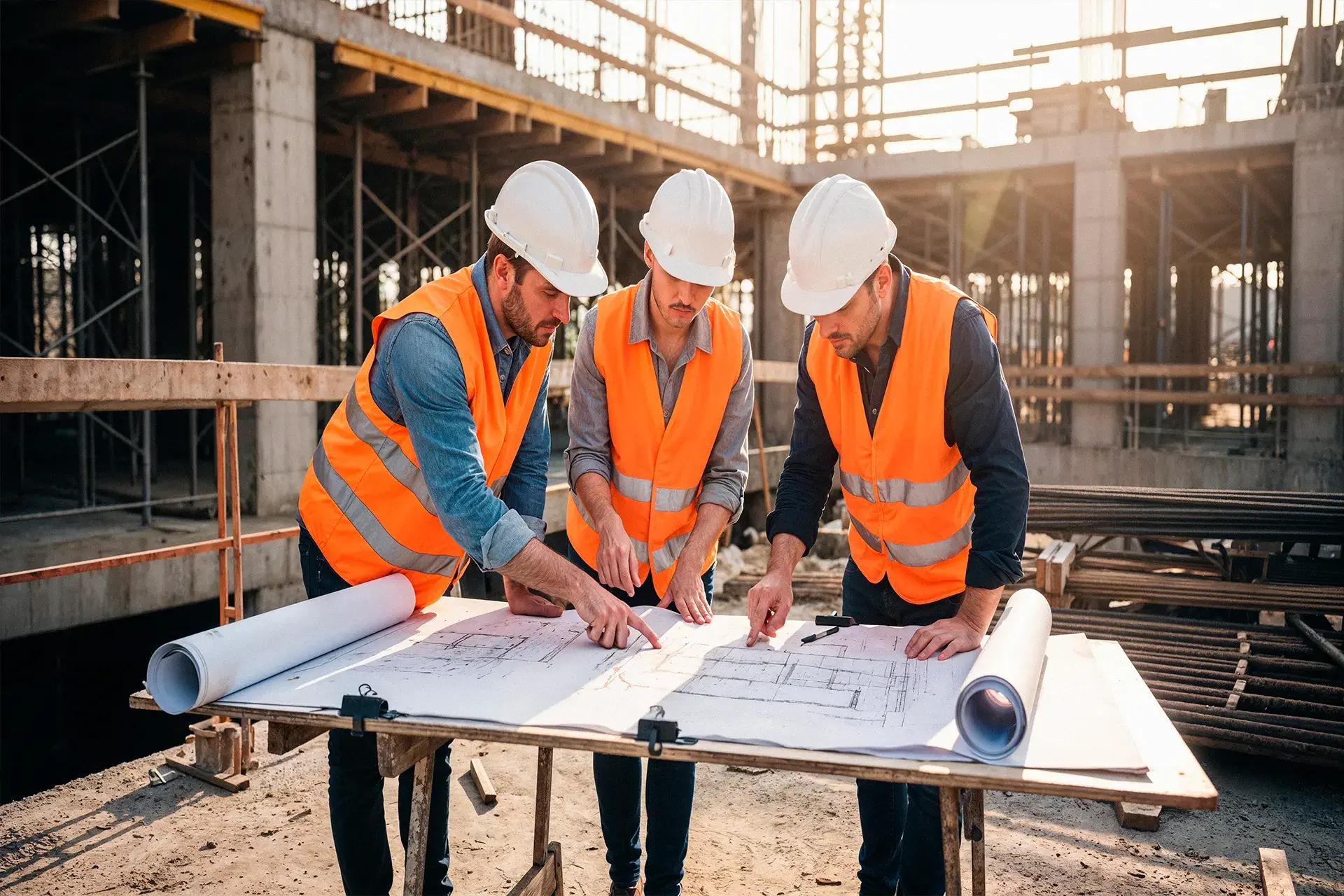 Construction workers collaborating on a commercial jobsite as contractors expand workforce recruitment efforts.