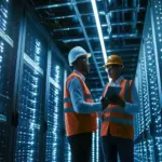 Construction workers building a large-scale data center as contractors compete for skilled labor.