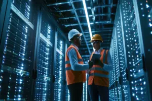 Construction workers building a large-scale data center as contractors compete for skilled labor.