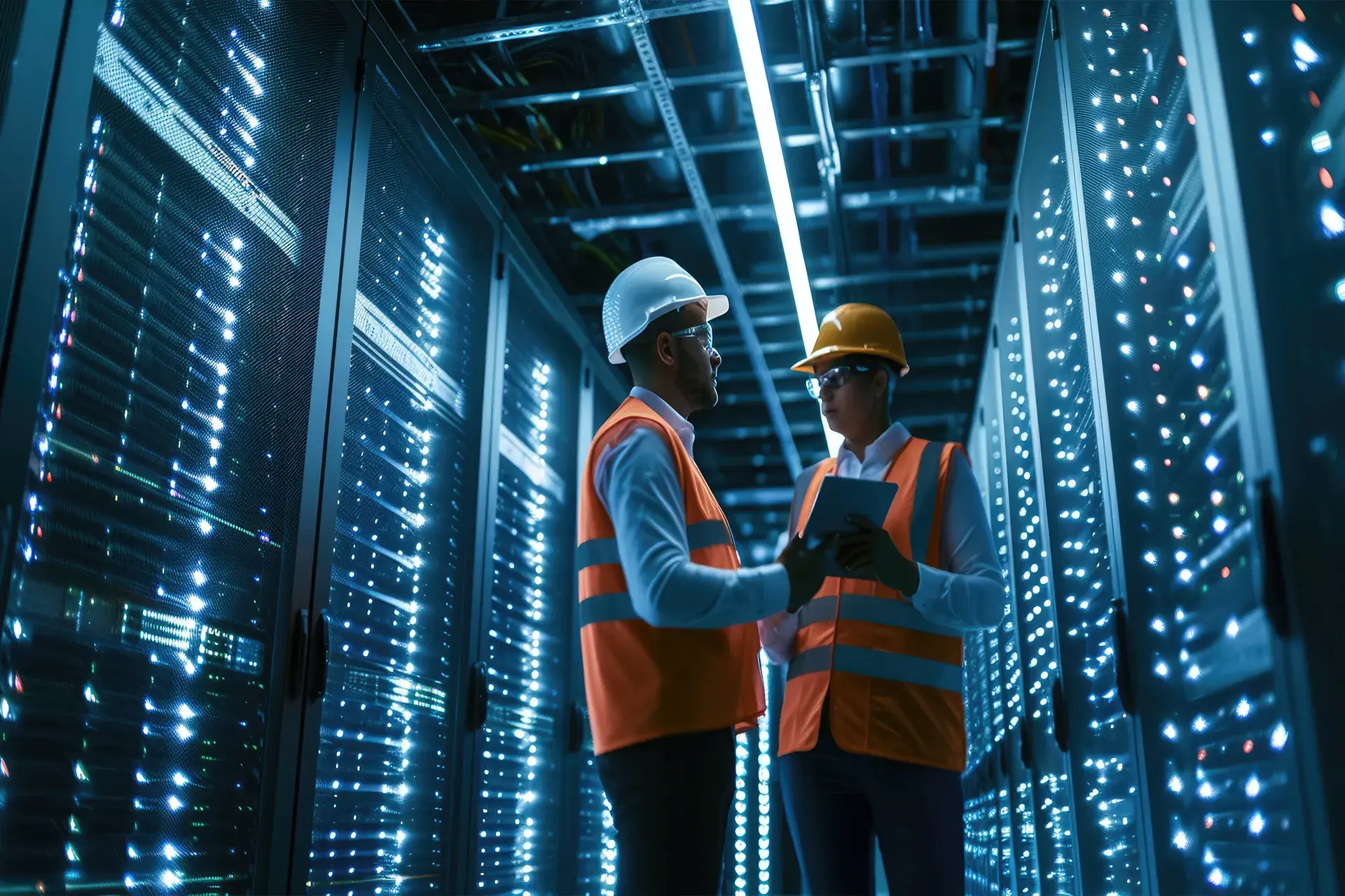Construction workers building a large-scale data center as contractors compete for skilled labor.