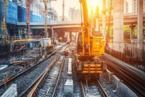 Workers on a public transportation construction project as Congress considers temporary federal funding.