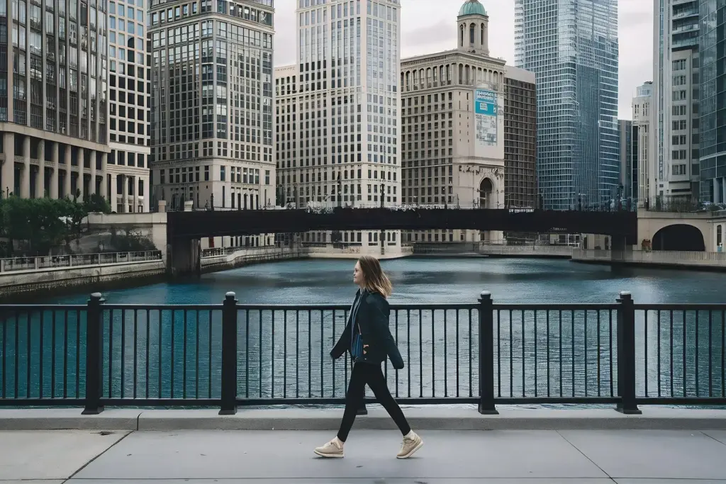 A woman walking along the Chicago river