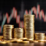 Gold coins stacked against a background wall of a financial chart