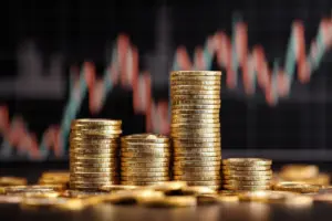 Gold coins stacked against a background wall of a financial chart