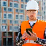 construction worker using a smartphone or tablet