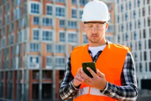 construction worker using a smartphone or tablet