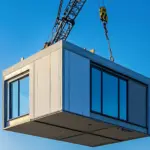 Modular construction building being lifted with a crane to be placed in a designated area.