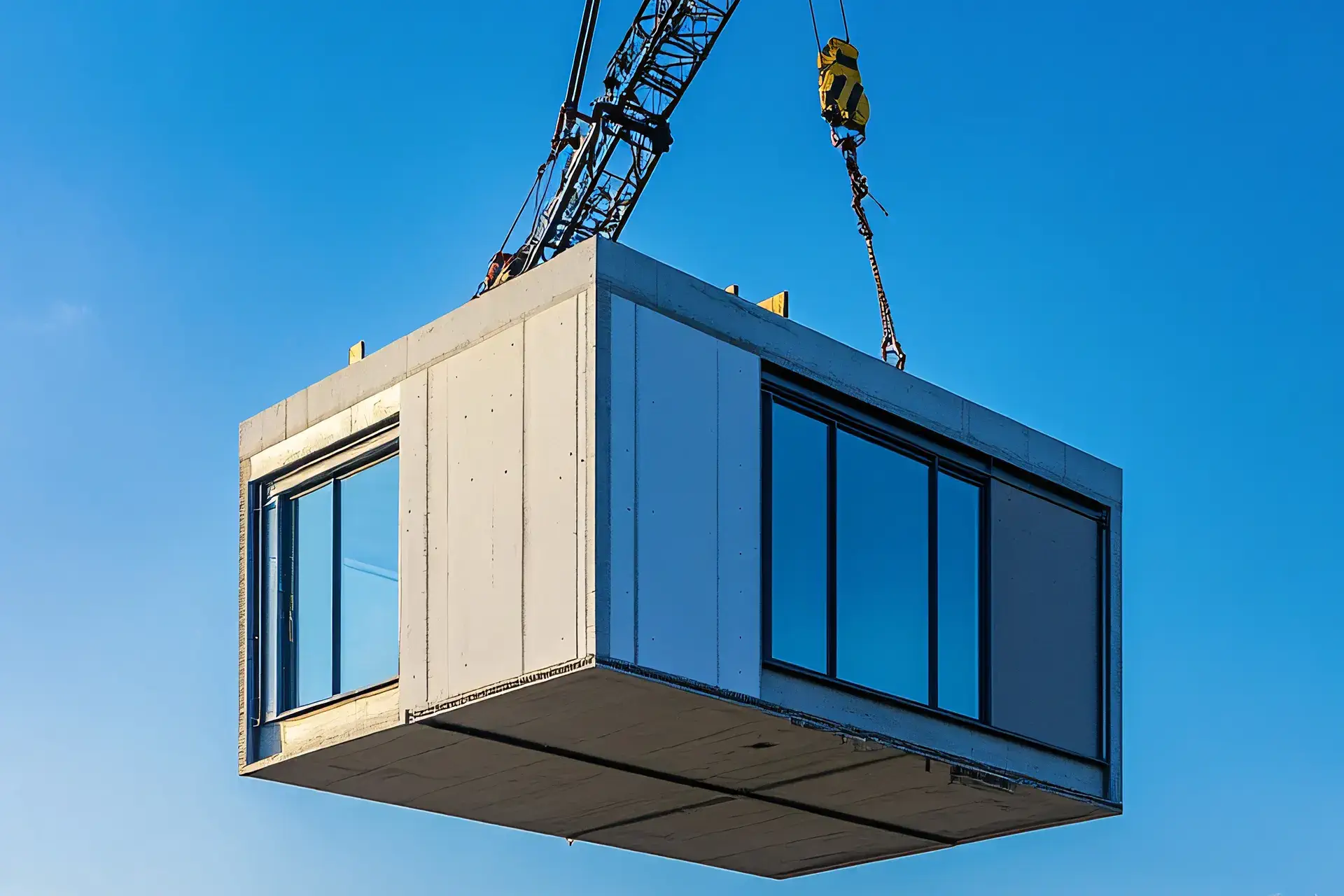 Modular construction building being lifted with a crane to be placed in a designated area.